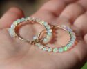 Solid Gold 14K Ethiopian Opal Wire Wrapped Gemstone Hoop Earrings