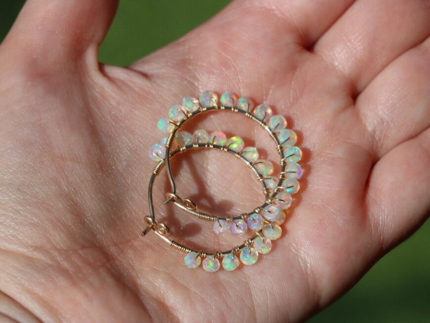 Solid Gold 14K Ethiopian Opal Wire Wrapped Gemstone Hoop Earrings