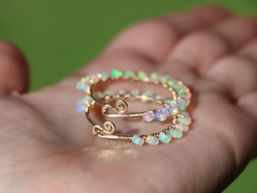 Solid Gold 14K Ethiopian Opal Wire Wrapped Gemstone Hoop Earrings