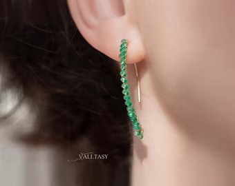 - Solid Gold 14K Genuine Emeralds Earrings, Modern Open Hoop Earrings