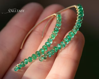 - Solid Gold 14K Genuine Emeralds Earrings, Modern Open Hoop Earrings