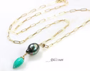 Solid Gold 14K Genuine Tahitian Pearl and Carved Turquoise Leaf Pendant on a Chain, One of a Kind