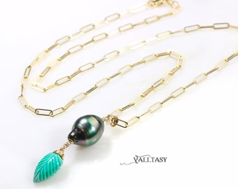 Solid Gold 14K Genuine Tahitian Pearl and Carved Turquoise Leaf Pendant on a Chain, One of a Kind