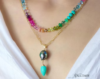 Solid Gold 14K Genuine Tahitian Pearl and Carved Turquoise Leaf Pendant on a Chain, One of a Kind