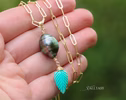 Solid Gold 14K Genuine Tahitian Pearl and Carved Turquoise Leaf Pendant on a Chain, One of a Kind