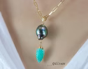 Solid Gold 14K Genuine Tahitian Pearl and Carved Turquoise Leaf Pendant on a Chain, One of a Kind