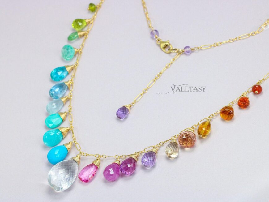 Solid Gold 14K Multi Gemstone Necklace, Precious Drop Necklace, Pastel Candy Necklace