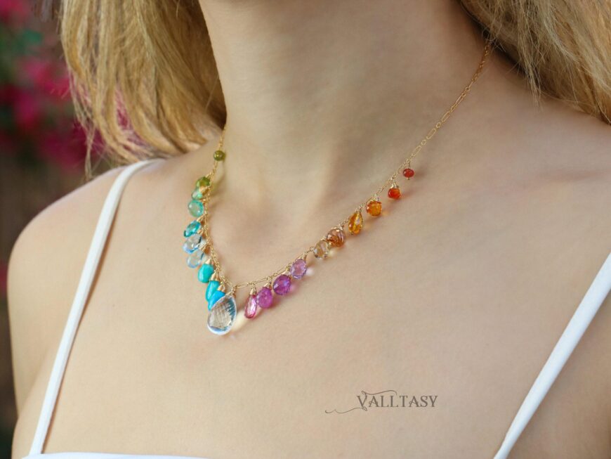 Solid Gold 14K Multi Gemstone Necklace, Precious Drop Necklace, Pastel Candy Necklace