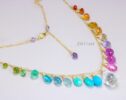 Solid Gold 14K Multi Gemstone Necklace, Precious Drop Necklace, Pastel Candy Necklace