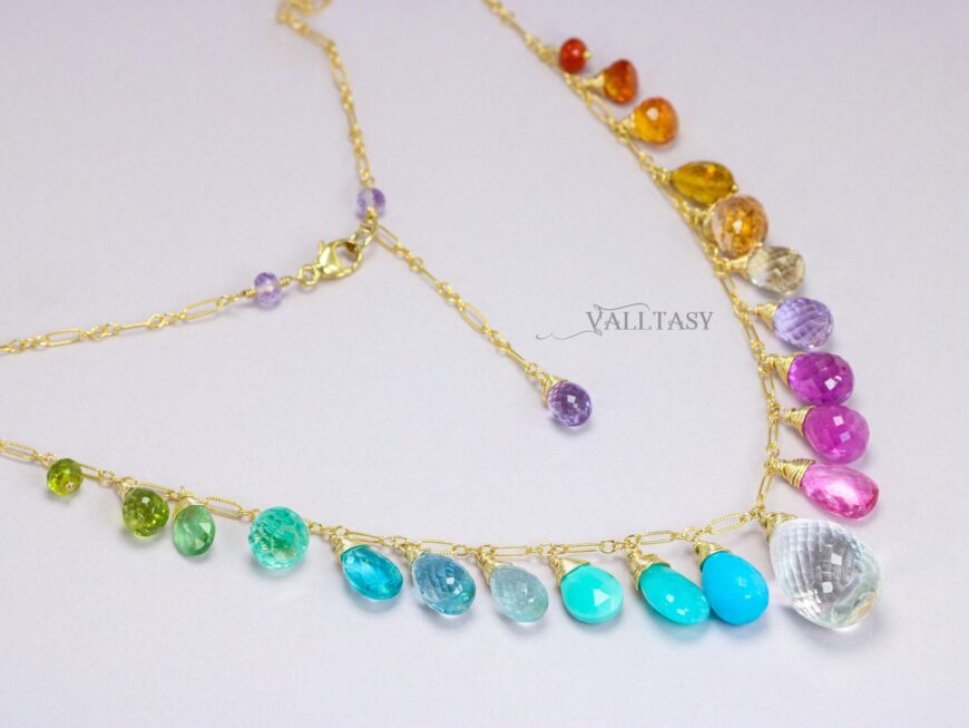 Solid Gold 14K Multi Gemstone Necklace, Precious Drop Necklace, Pastel Candy Necklace