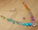 Solid Gold 14K Multi Gemstone Necklace, Precious Drop Necklace, Pastel Candy Necklace