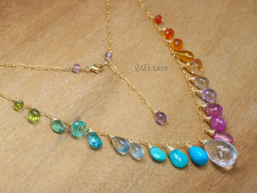Solid Gold 14K Multi Gemstone Necklace, Precious Drop Necklace, Pastel Candy Necklace