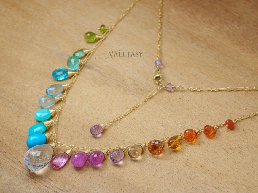 Solid Gold 14K Multi Gemstone Necklace, Precious Drop Necklace, Pastel Candy Necklace
