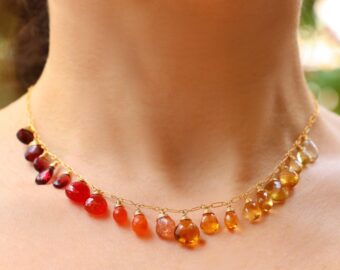 Solid Gold 14K Multi Gemstone Orange Red Drop Necklace, Semi Precious Colorful Necklace