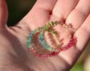 Solid Gold 14K Pink Green and Blue Tourmaline Earrings Wire Wrapped Gemstone Hoop Earrings