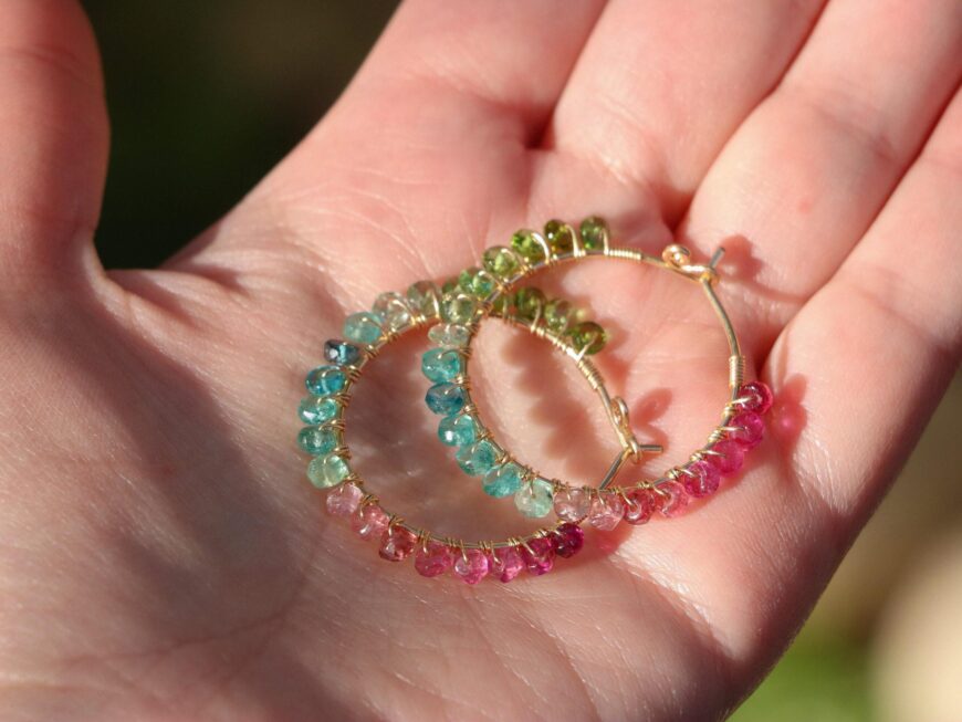 Solid Gold 14K Pink Green and Blue Tourmaline Earrings Wire Wrapped Gemstone Hoop Earrings