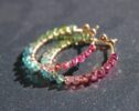 Solid Gold 14K Pink Green and Blue Tourmaline Earrings Wire Wrapped Gemstone Hoop Earrings