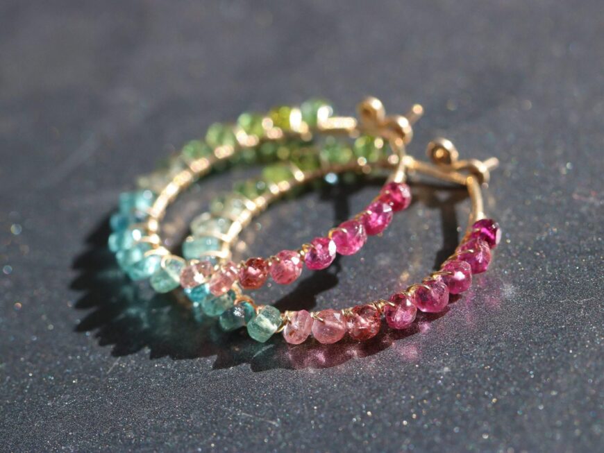 Solid Gold 14K Pink Green and Blue Tourmaline Earrings Wire Wrapped Gemstone Hoop Earrings