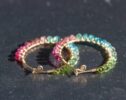 Solid Gold 14K Pink Green and Blue Tourmaline Earrings Wire Wrapped Gemstone Hoop Earrings