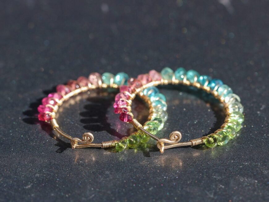 Solid Gold 14K Pink Green and Blue Tourmaline Earrings Wire Wrapped Gemstone Hoop Earrings