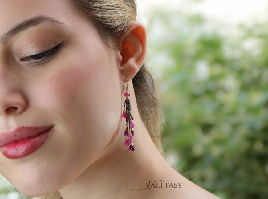 Solid Gold 14K Pink Sapphire, Pink Tourmaline and Rhodolite Garnet Tassel Earrings, Mixed Metal Earrings