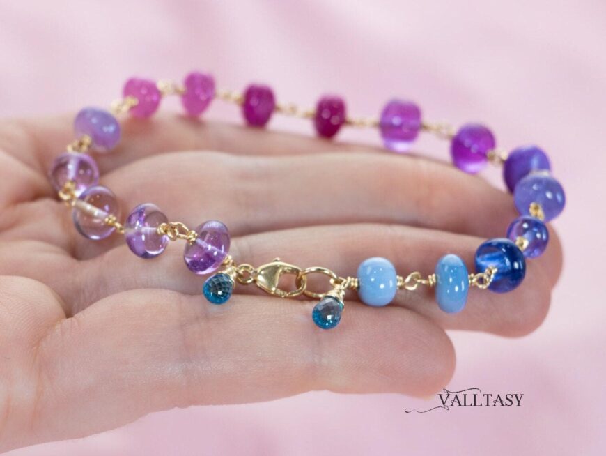 Solid Gold 14K Purple Pink Gemstone Bracelet, Wire Wrapped Bracelet with Pink Sapphires, Rubies and Tanzanites