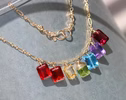 Solid Gold 14K Rainbow Gemstone Necklace with Colorful Precious Stones