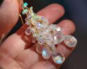 Solid Gold 14K Rainbow Moonstone and Welo Ethiopian Opal Cascade Cluster Earrings, Long Statement Earrings