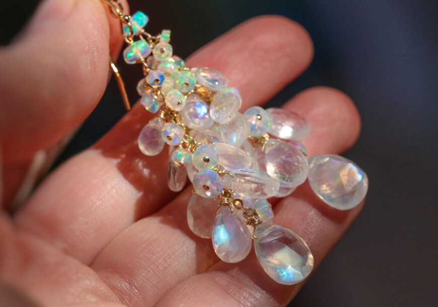 Solid Gold 14K Rainbow Moonstone and Welo Ethiopian Opal Cascade Cluster Earrings, Long Statement Earrings