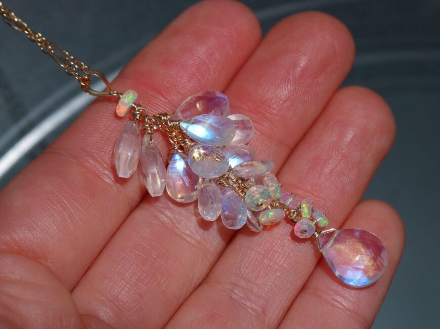 Solid Gold 14K Rainbow Moonstone and Welo Ethiopian Opal Pendant, Cascade Statement Necklace