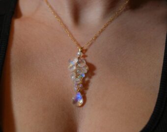 Solid Gold 14K Rainbow Moonstone and Welo Ethiopian Opal Pendant, Cascade Statement Necklace
