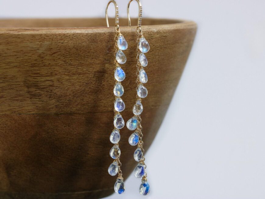 Solid Gold 14K Rainbow Moonstone Earrings with Genuine Diamonds