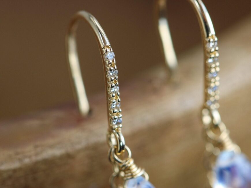 Solid Gold 14K Rainbow Moonstone Earrings with Genuine Diamonds
