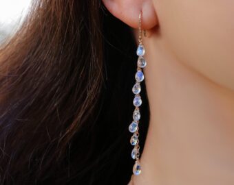 Solid Gold 14K Rainbow Moonstone Earrings with Genuine Diamonds