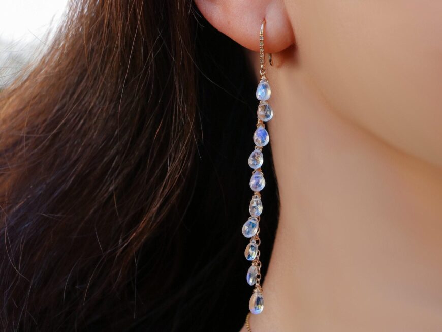 Solid Gold 14K Rainbow Moonstone Earrings with Genuine Diamonds