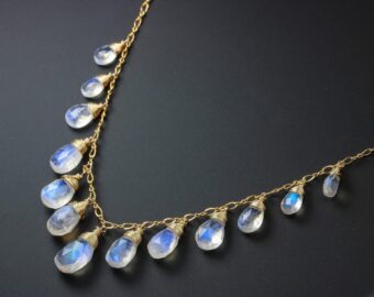 Solid Gold 14K Rainbow Moonstone Necklace, Drop Necklace, Statement Necklace