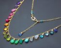 Solid Gold 14K Rainbow Multi Gemstone Necklace, Precious Drop Necklace