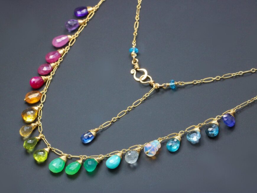 Solid Gold 14K Rainbow Multi Gemstone Necklace, Precious Drop Necklace