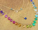 Solid Gold 14K Rainbow Multi Gemstone Necklace, Precious Drop Necklace