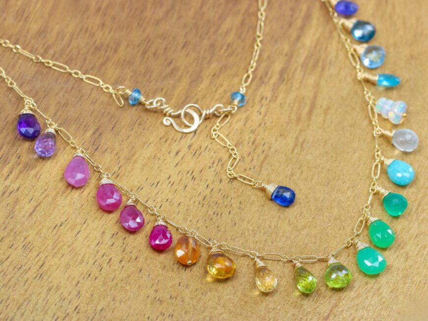 Solid Gold 14K Rainbow Multi Gemstone Necklace, Precious Drop Necklace