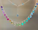 Solid Gold 14K Rainbow Multi Gemstone Necklace, Precious Drop Necklace