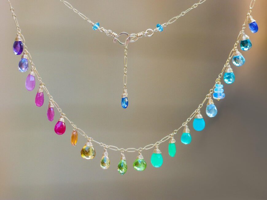 Solid Gold 14K Rainbow Multi Gemstone Necklace, Precious Drop Necklace