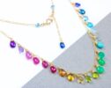 Solid Gold 14K Rainbow Multi Gemstone Necklace, Precious Drop Necklace