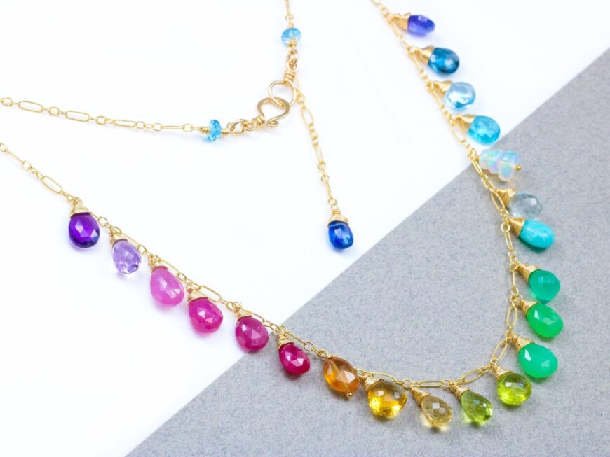 Solid Gold 14K Rainbow Multi Gemstone Necklace, Precious Drop Necklace