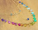 Solid Gold 14K Rainbow Multi Gemstone Necklace, Precious Drop Necklace