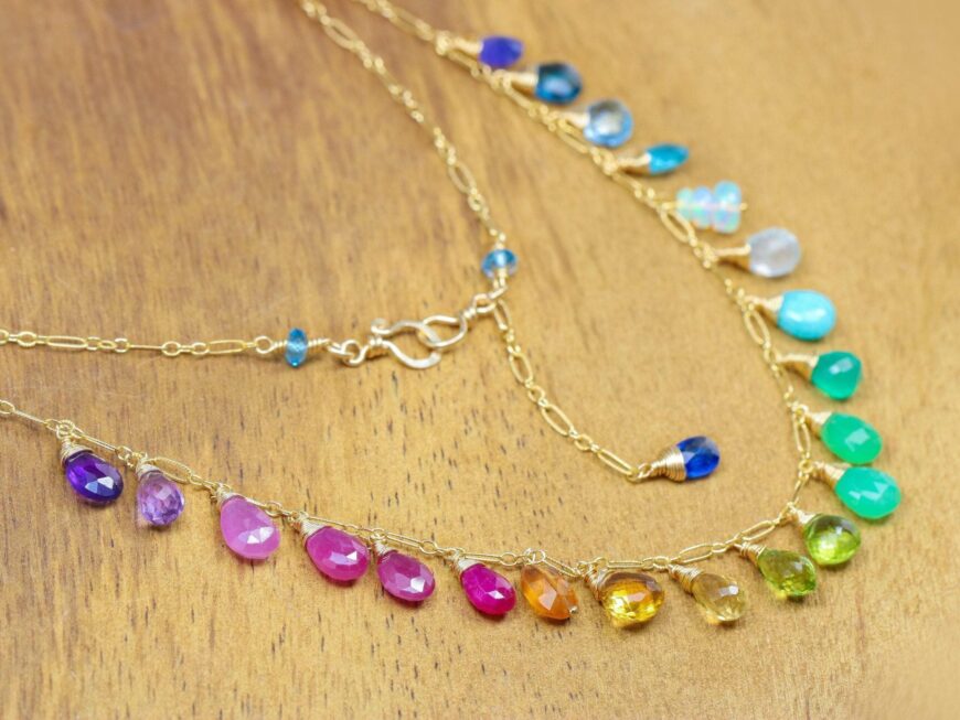 Solid Gold 14K Rainbow Multi Gemstone Necklace, Precious Drop Necklace