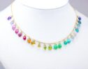Solid Gold 14K Rainbow Multi Gemstone Necklace, Precious Drop Necklace