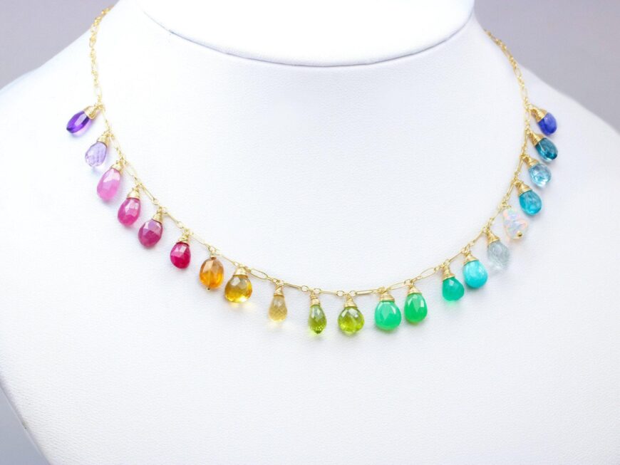 Solid Gold 14K Rainbow Multi Gemstone Necklace, Precious Drop Necklace