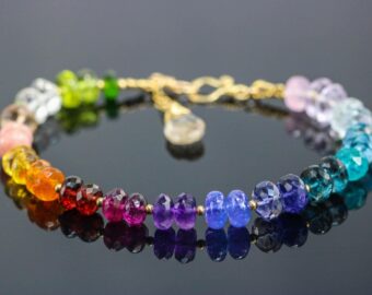 Solid Gold 14K Rainbow Precious Gemstone Bracelet, Chakra Gemstone Bracelet