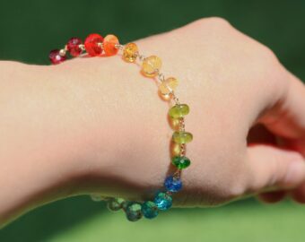 Solid Gold 14K Rainbow Precious Gemstone Wire Wrapped Bracelet